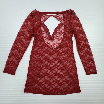 Victoria s Secret Red Lace Lingerie Chemise Babydoll Sheer Long Sleeve