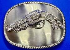 Jeweled Gun Pistol Revolver Rhinestone Accented Silver Color Oval Belt Buckle