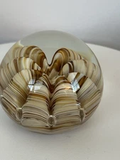 Paperweight Art Glass Joe Rice St. Clair Ribbon Crimp Amber Brown Bubbles 2.5”