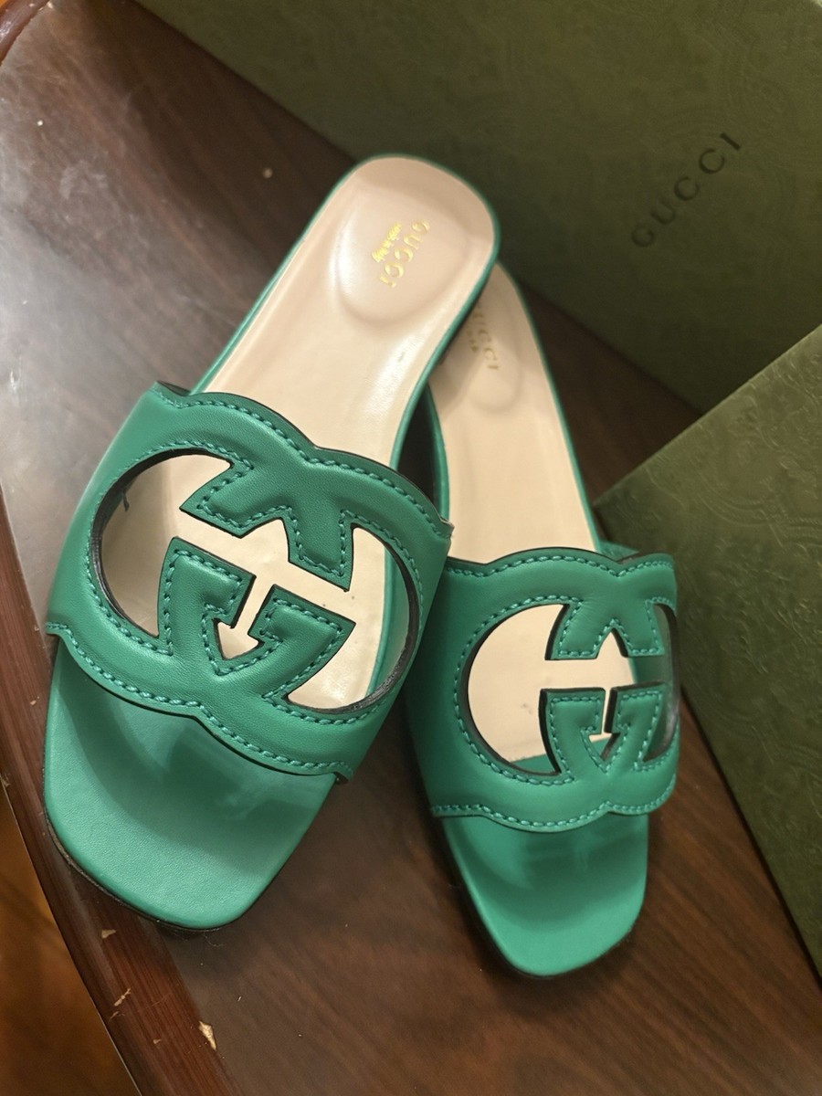 Gucci Cosmos Softy Interlocking GG Green Leather Sandals Flats