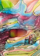 Original Painting 5x7" houses sky landscape abstract by Lynne Kohler
