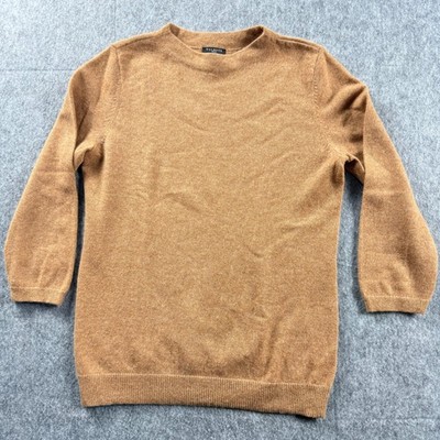 Talbots Petite Medium Pure Cashmere Crewneck Sweater Camel Brown 3/4 Sleeve