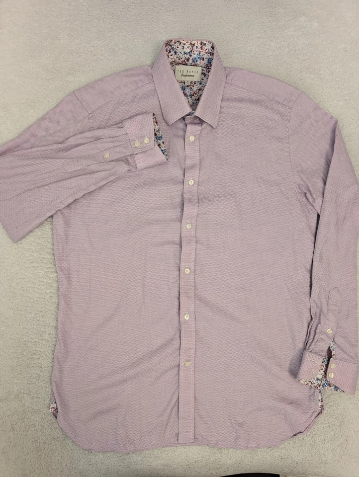Camisa Ted Baker Para Hombres 16 34 35 Púrpura Rosa Punto Floral Resistencia Puño Abatible Foto 3 de 4