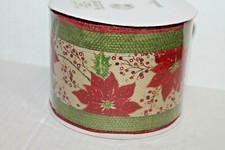 10 Yards of 4" Wide Red Poinsettia Flower Wired Christmas Ribbon w/ Glitter NEW
