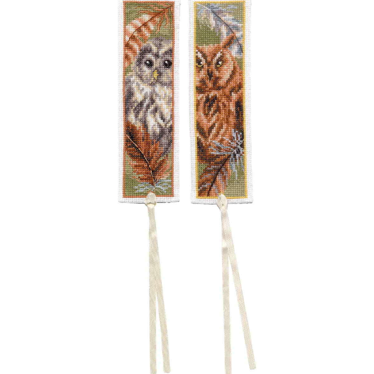 Vervaco bookmark counted cross stitch kit ""Owl with feathers"" Set of 3, 6x20cm,