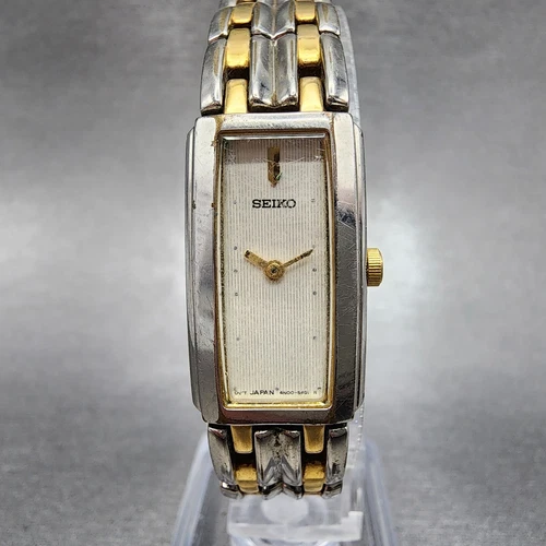 Seiko Tank Watch Women 15mm Cream Dial Two Tone Rectangle 4N00-7089 New Battery