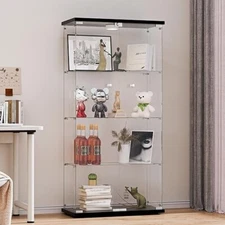 Glass Display Cabinet 4-Shelf 2 Doors Tempered Glass Lockable Glass Bookshelf