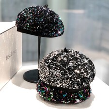 Women Bling Sequin Beret Hat Glitter Beanie Cap Retro Party Fancy Dress Fashion