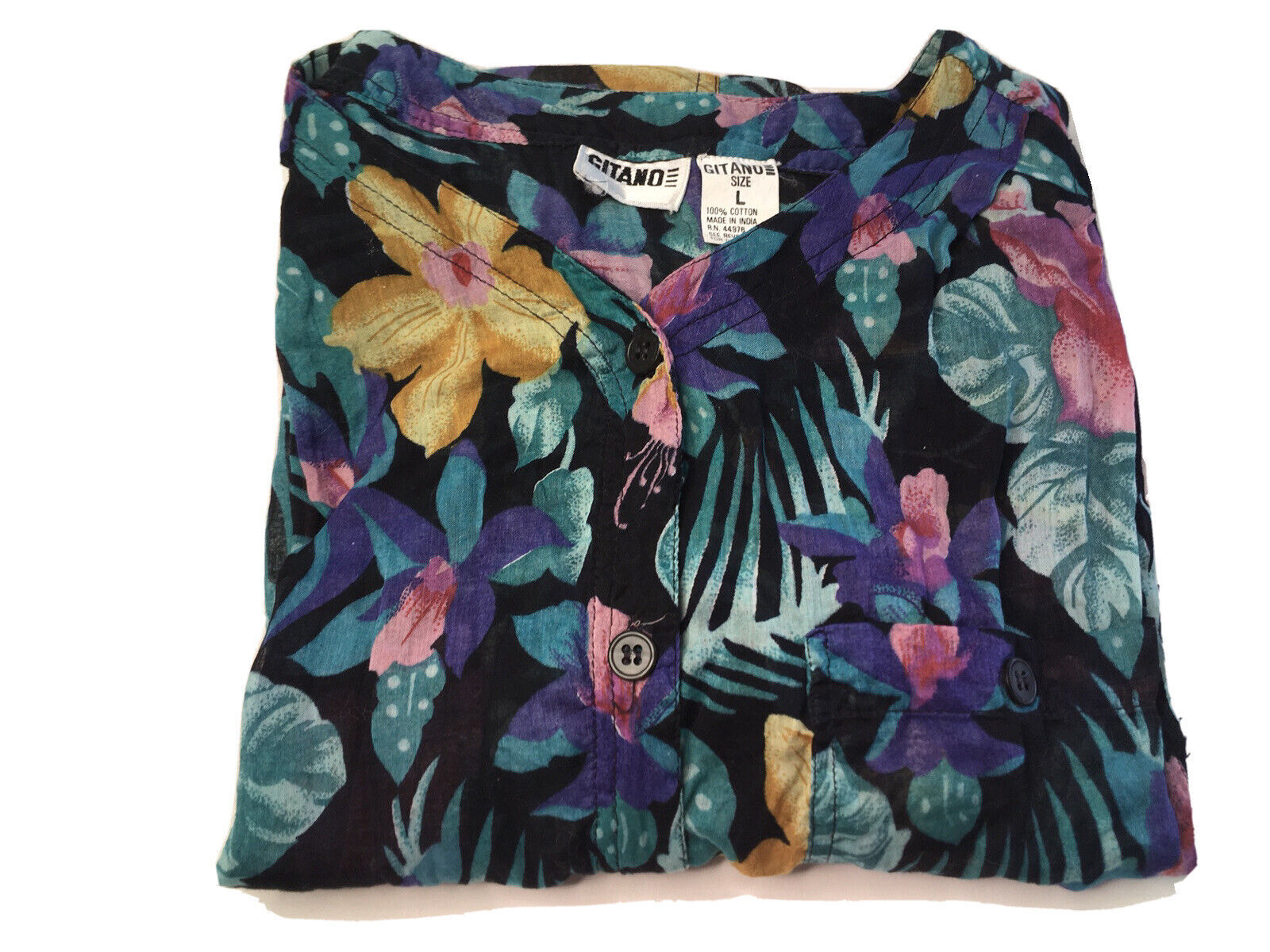 Gitano Tunic Womens Large Floral Cotton Button Down Tunic Top Multicolor