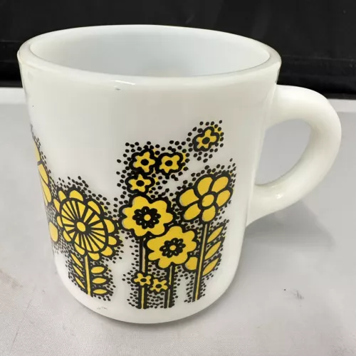 Hazel Atlas Vintage Milk Glass Coffee Mug Yellow Flower Power Retro Cup MCM