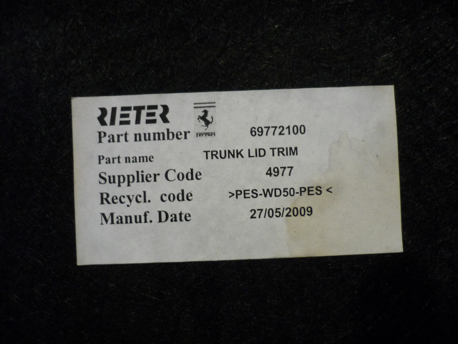Ferrari California - Rear Trunk Carpet Liner - Black P/N 69772100