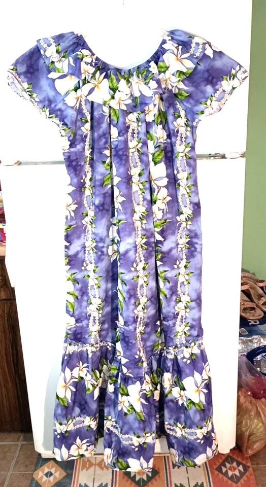 VESTIDO LARGO HAWAIANO VINTAGE JADE FASHIONS PÚRPURA FLORAL LEI ESCOTE ELÁSTICO 2XL Foto 4 de 4