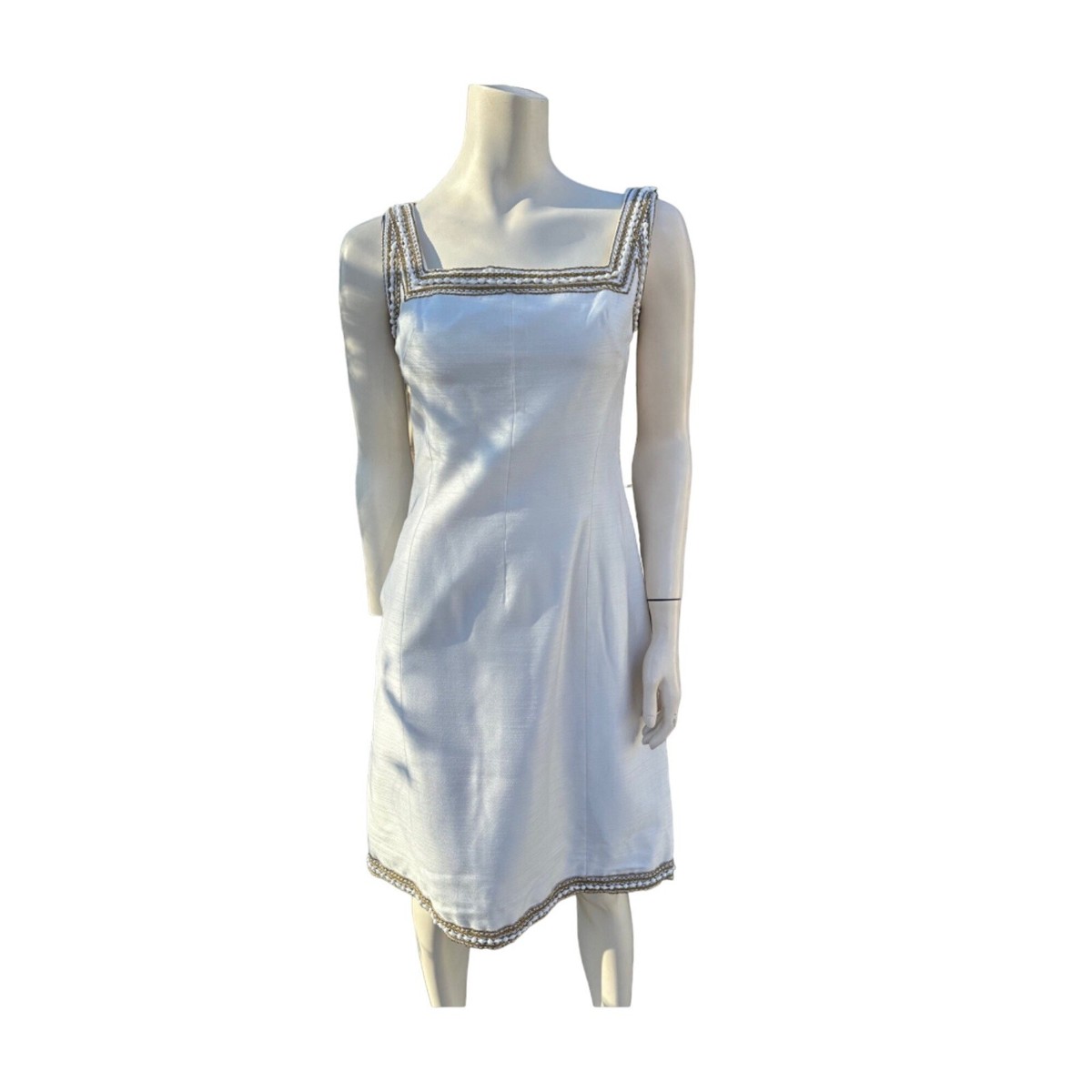 50s-60s Frank Usher White Sheath Dress Square Neck Gold Soutache Shell Bead Trim | eBay 50s-60s Frank Usher White Sheath Dress Square Neck Gold Soutache Shell Bead Trim | eBay
