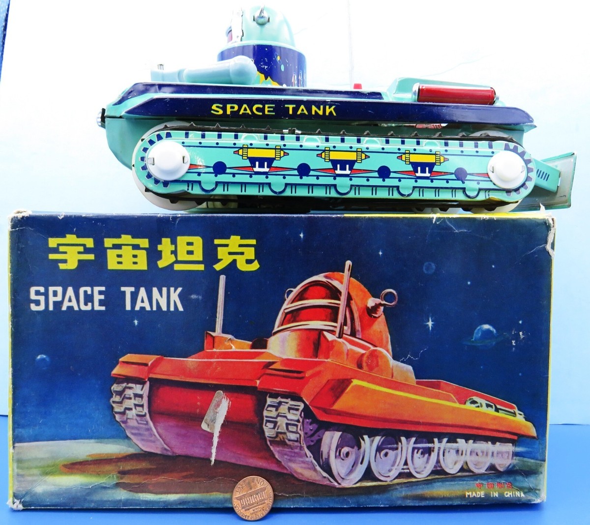 SPACE TANK and BOX Early 1960s China ROBOT Gyro Action /Tin SPACE TANK and BOX Early 1960s China ROBOT Gyro Action /Tin