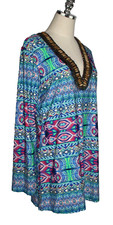 La Blanca Swim Cover Up Medium Vibrant Multicolor Deep V Neck Bead Accent