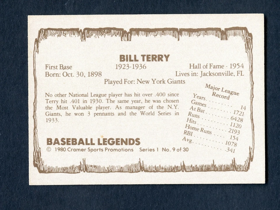 1980 Cramer Sports Baseball Card #9 Bill Terry Giants NrMT - Image 2 of 2