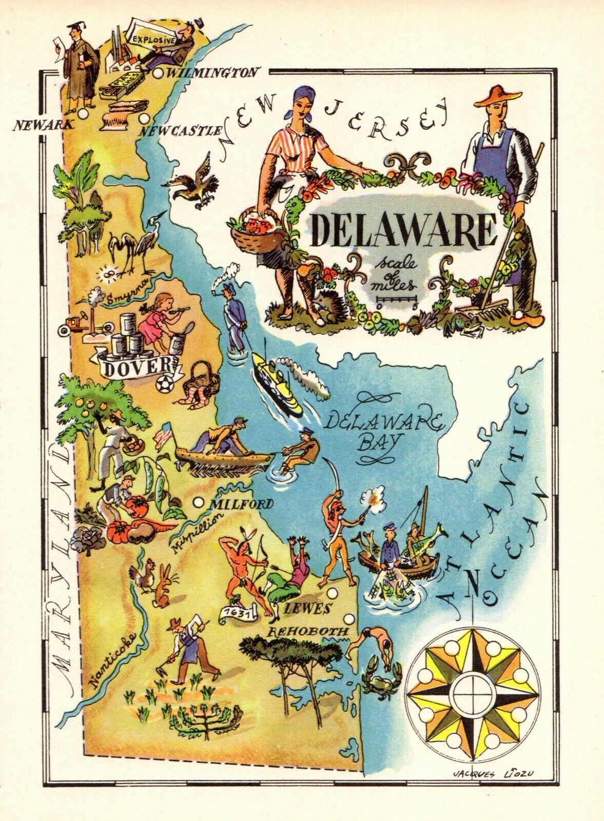1946 Antique DELAWARE State Picture Map Animated Map of Delaware 7857