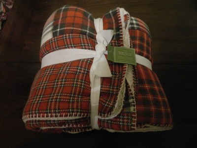 Pottery Barn Landon Patchwork Throw Blanket Ivory Red Plaid 55x80