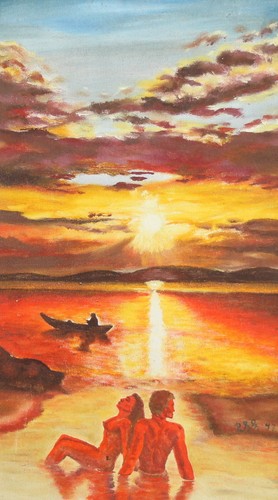 1997 Seascape Oil painting sunset nude couple signed