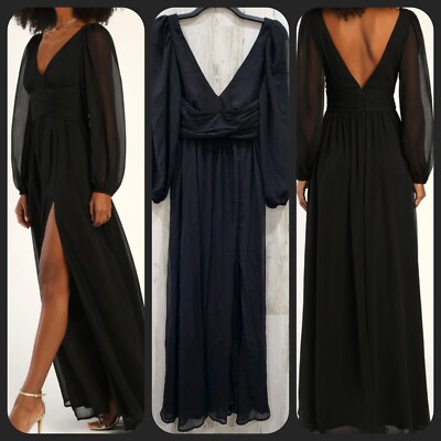 LULUS Enchant My Love Black V Neck Long Sleeve Maxi Dress Size SMALL**NWOT**