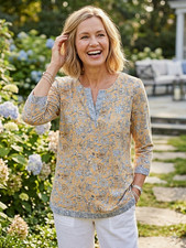 J. Jill Womens Floral V-Neck Tunic Blouse L S...