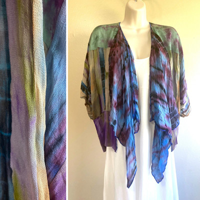 Tie Dye Cropped Waterfall Duster Shirt L XL Rayon Crepe VTG 90s Festival Boho