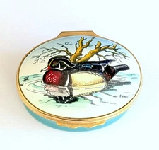 Beautiful Vtg Bilston Halcyon Days Enamel Carolina Wood Duck Trinket Box