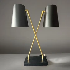 Modern Industrial X Frame Desk Lamp Matte Black Dual Shades Brass 21” Tested