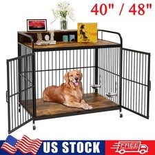 40"/48" Dog Crate Heavy Duty Dog Kennel Indoor Side End Table w/ Wheels  Bowls