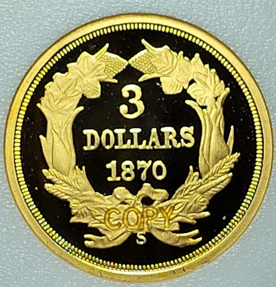 1870S Proof US 3 Three Dollar Gold Plated Coin Club Educational Piece - Image 3 of 4