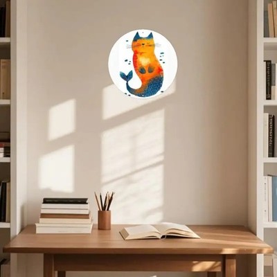 Vibrant Orange Cat Blue Fish Scale Design Round Wall Art