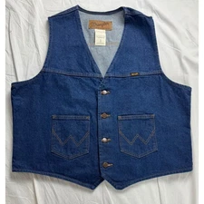 VTG Wrangler Authentic Western Denim Vest Jacket Blue XL Pockets Button Front