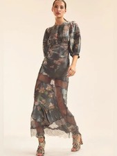 Cynthia Rowley Collection XS Silk Claud Floral Lace Maxi Dress Puff Sleeves