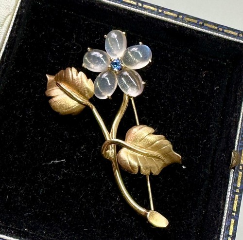 Retro Mondstein Saphir Blume Brosche 14 Karat Gold Antik Midcentury - Bild 12 von 21