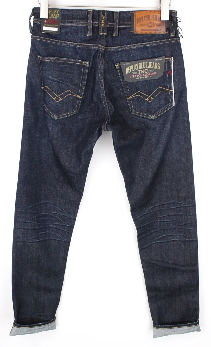 REPLAY Grover Men Jeans W30 L34 Dark Blue Straight Fit Selvedge
