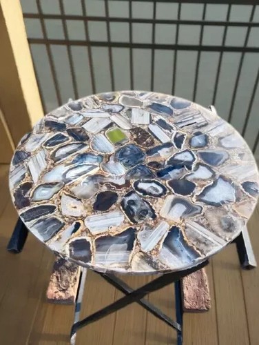 Natural Agate Stone Coffee & Center Side Table Top Agate Round End Table Top Art - Picture 2 of 4