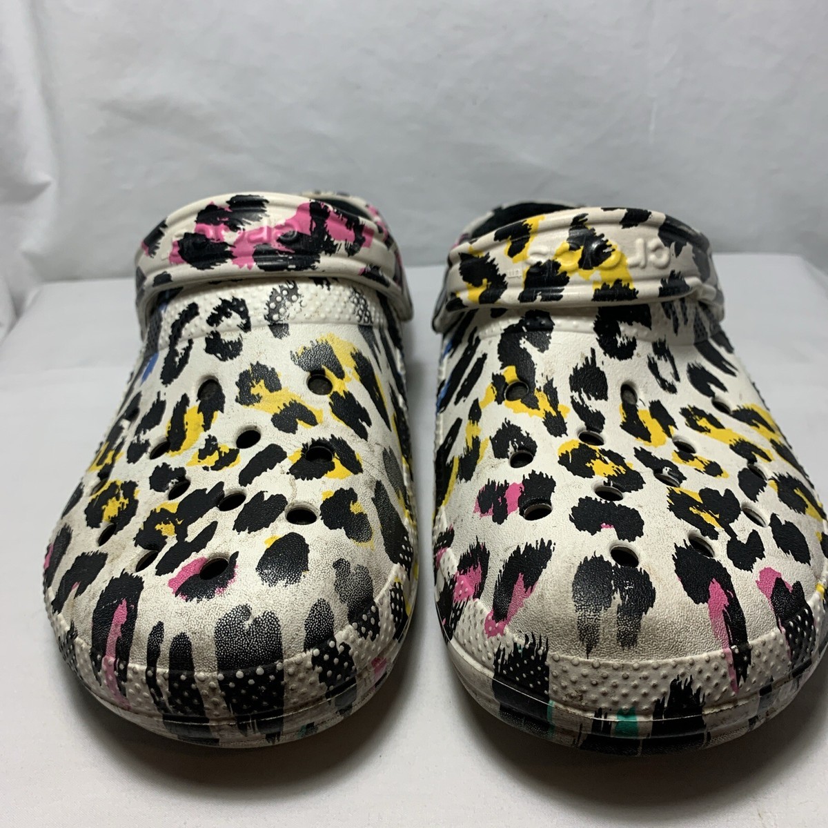 White Fur Lined Leopard Print Colorful Crocs Size 8W