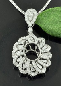18k Solid White gold Natural Diamond  pendant Semi mount 2.20 ct fits 9x11mm