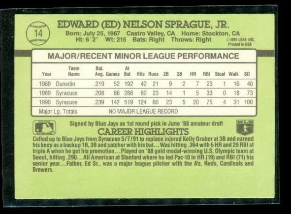 Vintage 1991 DONRUSS Rookie Baseball Trading Card #14 ED SPRAGUE Blue Jays - Image 2 of 2