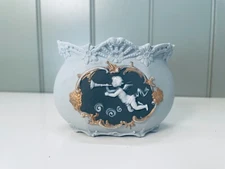 VTG/Antique Schafer Vater jasperware mint green ceramic bud vase, Cherubs/cupid