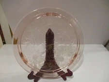 1- Vintage Pink Sunflower Footed Cake Plate Depression Glass 10" 1935