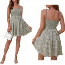 SHEIN Green Ditsy Floral Print Mini Dress S/M Tie Spaghetti Straps Smocked