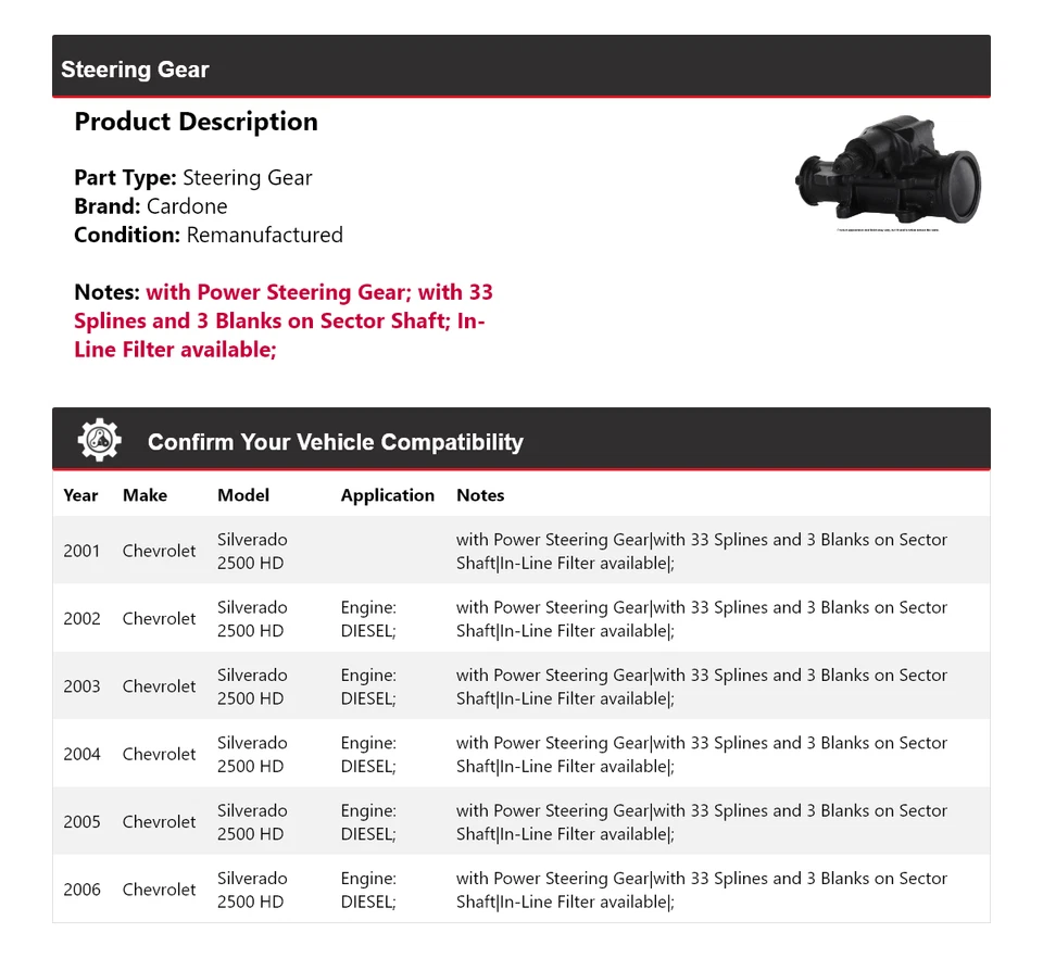 Para Chevrolet Silverado 2500 HD 2001-2006 engranaje de dirección Cardone 2002 2003 2004 Foto 2 de 4