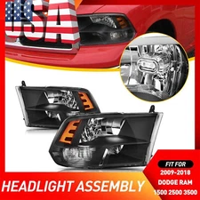 Fit 09-18 Dodge Ram 1500 2500 3500 Black Amber Headlights Quad Style Head Lamp