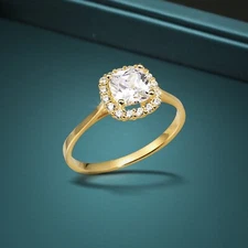 14K Real Solid Yellow Gold 1 Carat Cushion-Cut Halo Engagement Wedding Ring