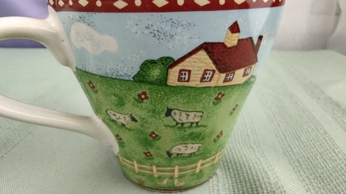 Sango Green Acres Coffee/Tea Cups 2 Cup Set Farm House Church Sheep - Picture 21 of 24