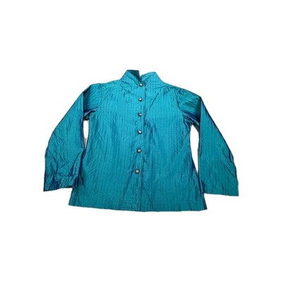 Vintage Janet Egan Silk Jacket Womens Small Teal Textured Designer Button Front