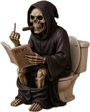Gothic Middle Finger Grim Reaper Statue on Toilet Bowl,Funny Halloween Decor