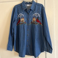 Vintage Bobbie Brooks Denim Shirt Women's 14/16W Christmas Embroidered Red Bird