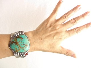 HEAVY 65g BIG 7" Native Signed E Sterling Turquoise Coral Cuff Bracelet Navajo
